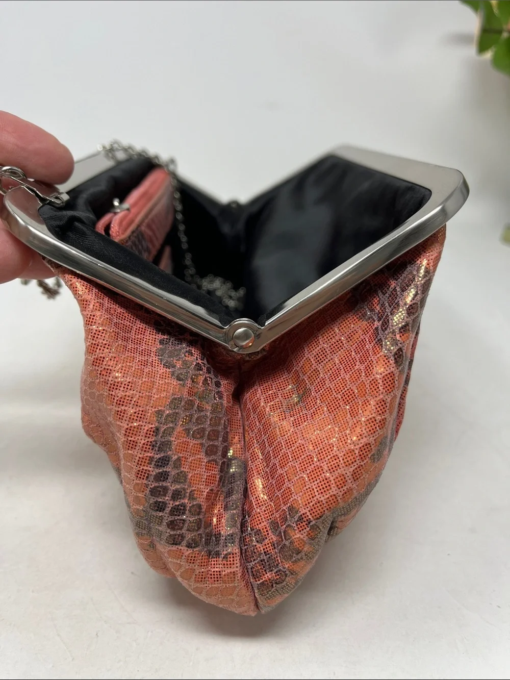 ANNABEL INGALL AUSTRALIA IRIDESCENT SNAKESKIN PEACH AND GRAY CLUTCH BAG
